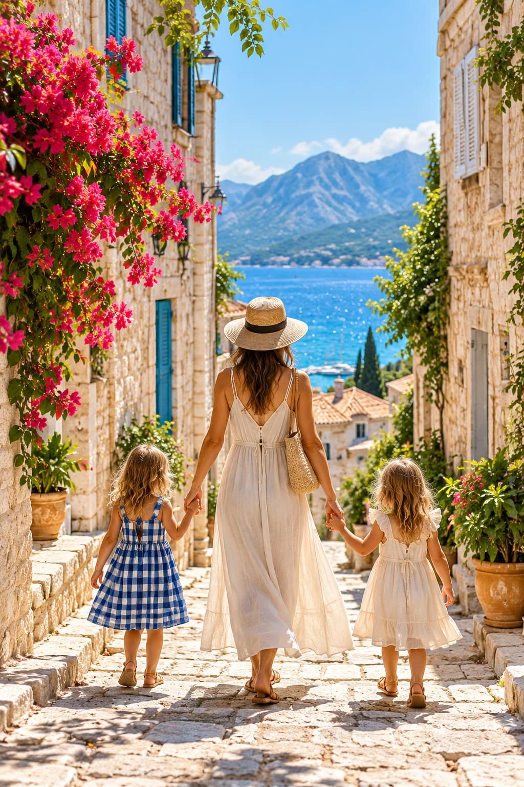 A mother and two children exploring a sunlit Mediterranean village
