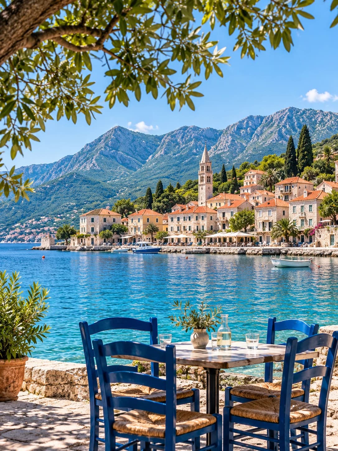 A peaceful Mediterranean waterfront with blue café chairs and mountain views